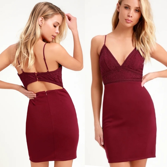 Lulu's Late Night Snack Wine Red Lace Backless Bodycon Event Dress Womens Small - Picture 1 of 14